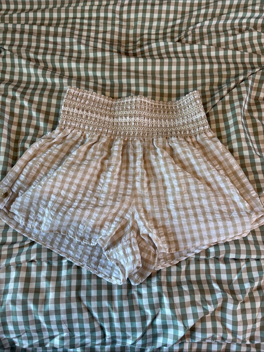 High-Waist Smocked Gingham Shorts in Beige